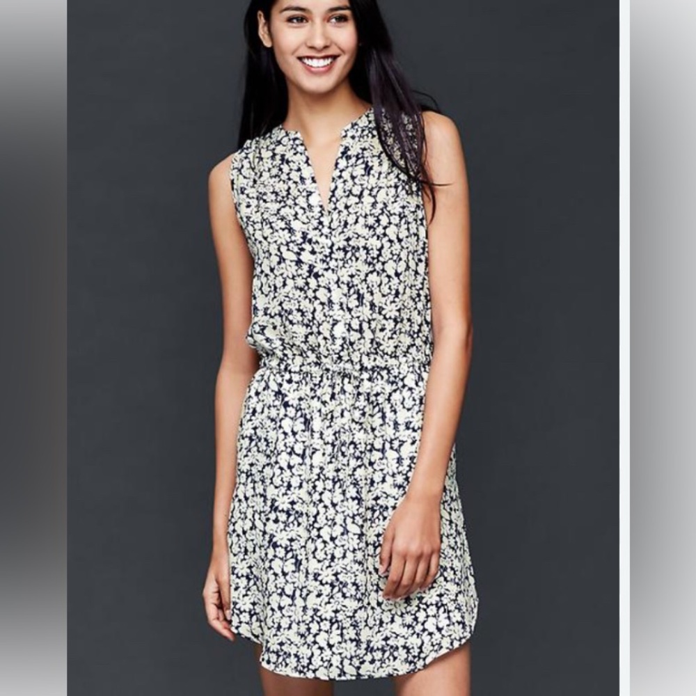 Gap Women White w Navy Floral Split-Neck Sleeveless Shirtdress Drawstring Size S